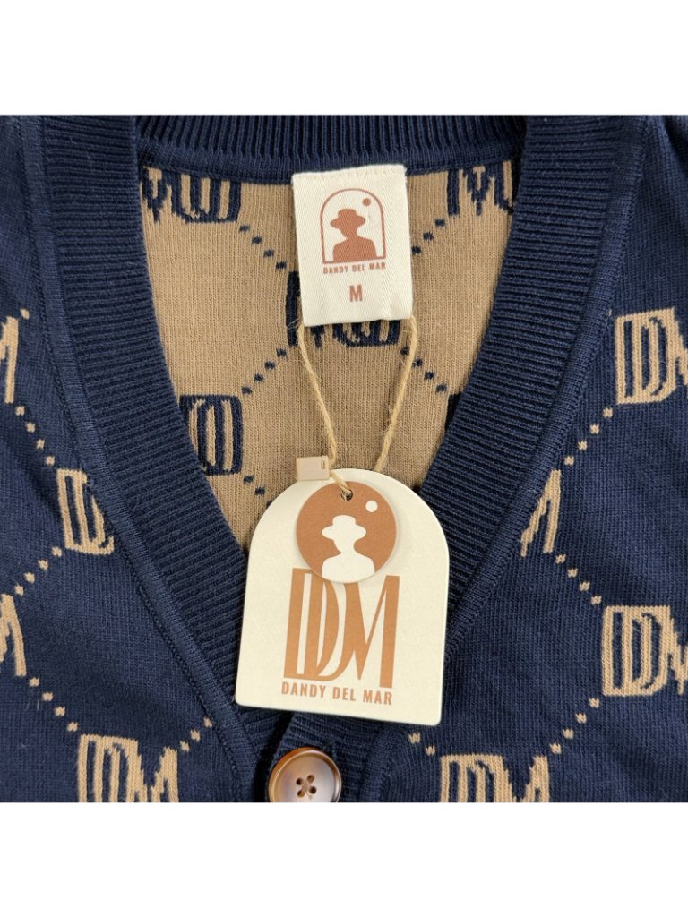 Dandy Del Mar Sweater Mens Medium Blue V Neck Cotton Knit Cardigan Logo Monogram — image 3 of 8